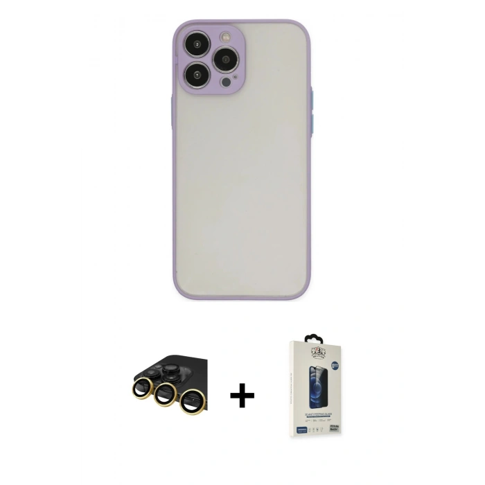 MARSİLYAN™- iPhone 14 Pro Max Kılıf Ahenk Çizgi Serisi - Siyah Bilvis Hayalet Cam Ekran Koruyucu + Raze Metal Kamera Lens - GD