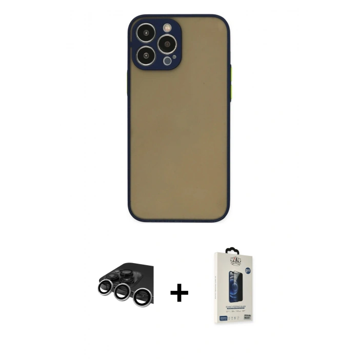 MARSİLYAN™- iPhone 14 Pro Max Kılıf Ahenk Çizgi Serisi - Siyah Bilvis Hayalet Cam Ekran Koruyucu + Raze Metal Kamera Lens - GS