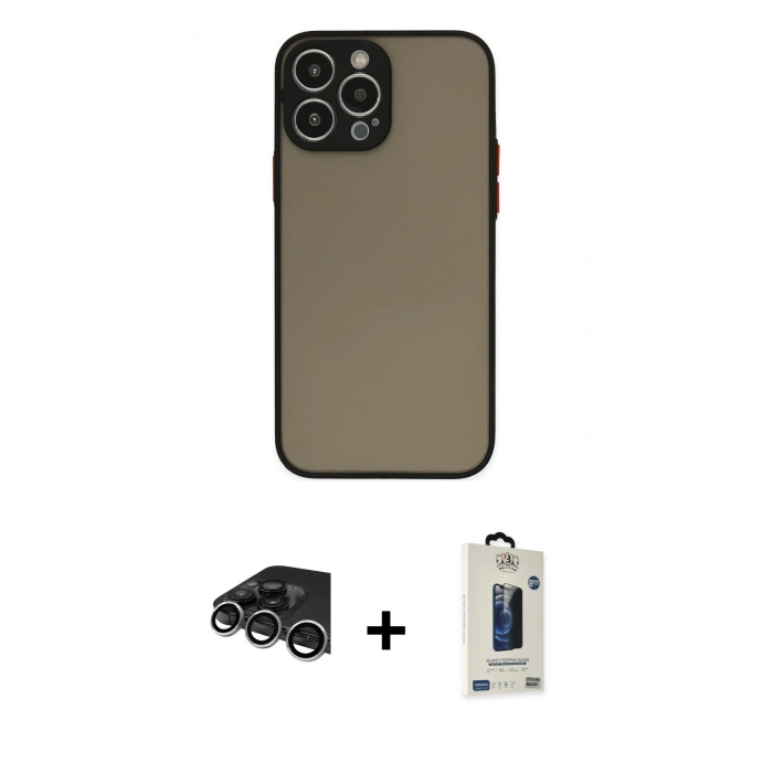 MARSİLYAN™- iPhone 14 Pro Max Kılıf Ahenk Çizgi Serisi - Siyah Bilvis Hayalet Cam Ekran Koruyucu + Raze Metal Kamera Lens - GS
