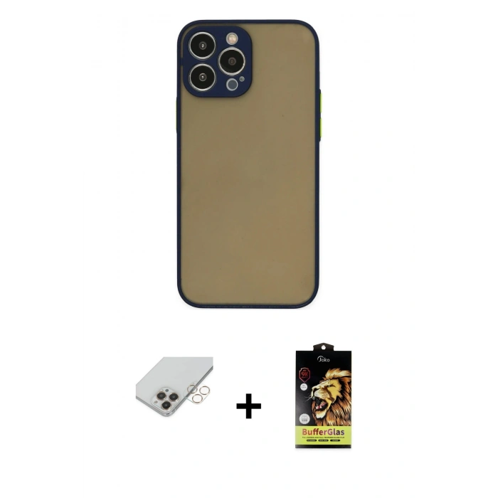 MARSİLYAN™- iPhone 14 Pro Max Kılıf Ahenk Çizgi Serisi - Siyah Buffer Cam Ekran Koruyucu + Band Metal Kamera Lens - GD