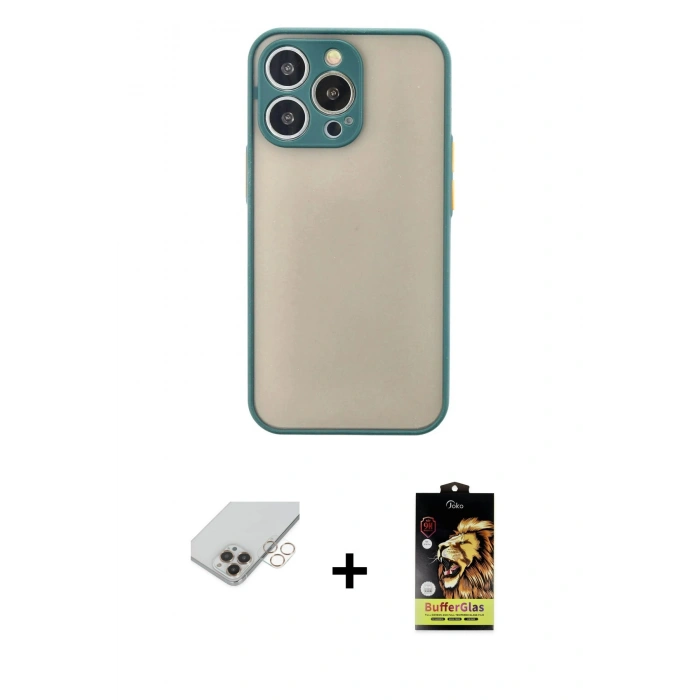 MARSİLYAN™- iPhone 14 Pro Max Kılıf Ahenk Çizgi Serisi - Siyah Buffer Cam Ekran Koruyucu + Band Metal Kamera Lens - GD