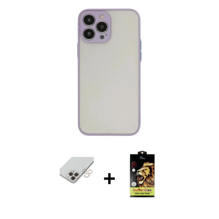 MARSİLYAN™- iPhone 14 Pro Max Kılıf Ahenk Çizgi Serisi - Siyah Buffer Cam Ekran Koruyucu + Band Metal Kamera Lens - GD