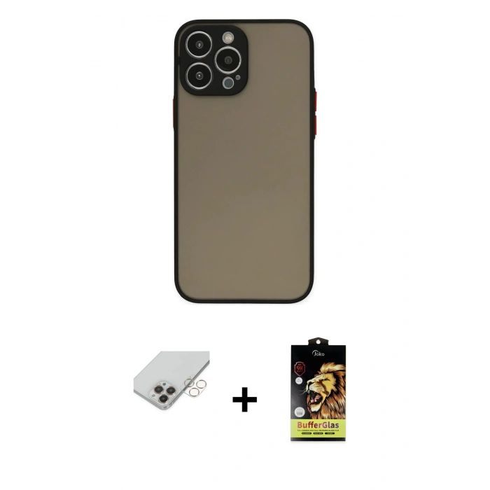 MARSİLYAN™- iPhone 14 Pro Max Kılıf Ahenk Çizgi Serisi - Siyah Buffer Cam Ekran Koruyucu + Band Metal Kamera Lens - GD