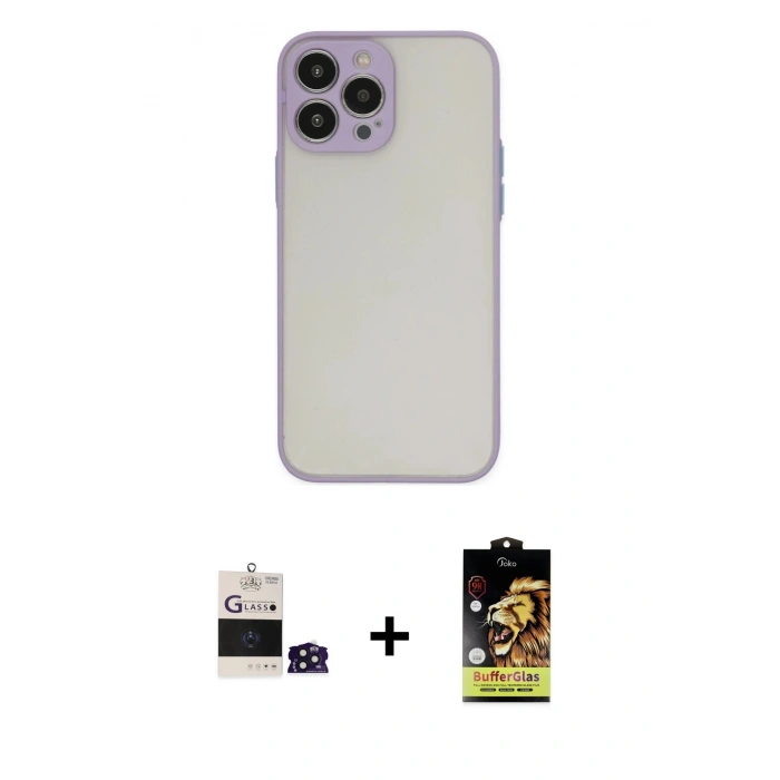 MARSİLYAN™- iPhone 14 Pro Max Kılıf Ahenk Çizgi Serisi - Siyah Buffer Cam Ekran Koruyucu + Derin Mor Bilvis Titan Kamera Lens