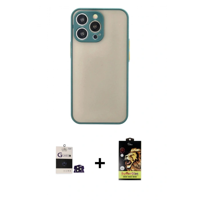 MARSİLYAN™- iPhone 14 Pro Max Kılıf Ahenk Çizgi Serisi - Siyah Buffer Cam Ekran Koruyucu + Derin Mor Bilvis Titan Kamera Lens