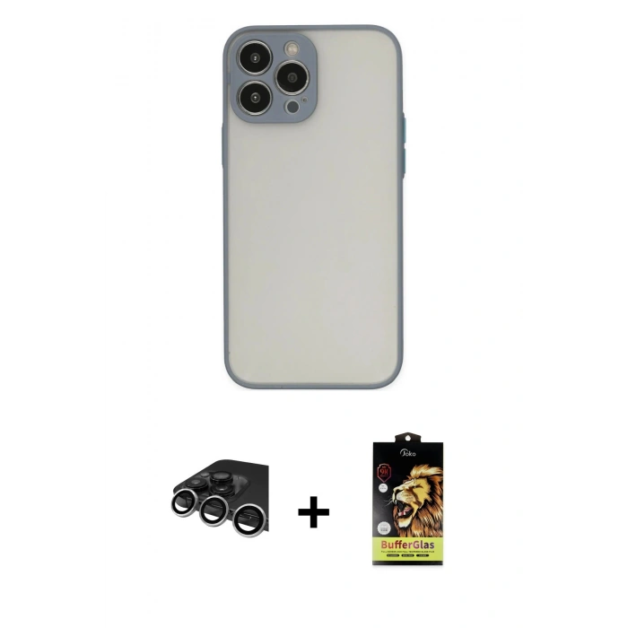 MARSİLYAN™- iPhone 14 Pro Max Kılıf Ahenk Çizgi Serisi - Siyah Buffer Cam Ekran Koruyucu + Raze Metal Kamera Lens - GS