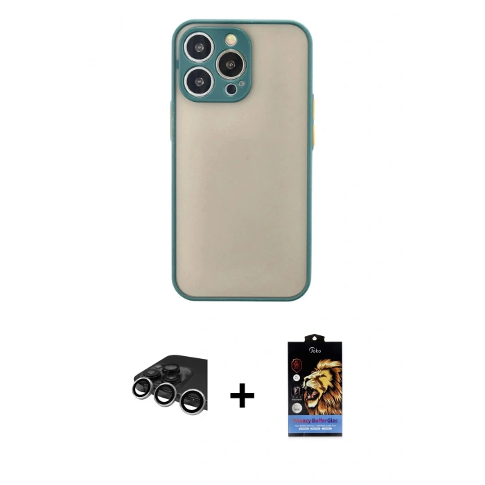 MARSİLYAN™- iPhone 14 Pro Max Kılıf Ahenk Çizgi Serisi - Siyah Buffer Hayalet Cam Ekran Koruyucu + Raze Metal Kamera Lens - GS