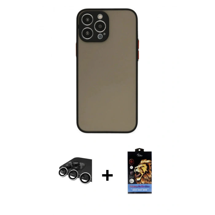 MARSİLYAN™- iPhone 14 Pro Max Kılıf Ahenk Çizgi Serisi - Siyah Buffer Hayalet Cam Ekran Koruyucu + Raze Metal Kamera Lens - GS