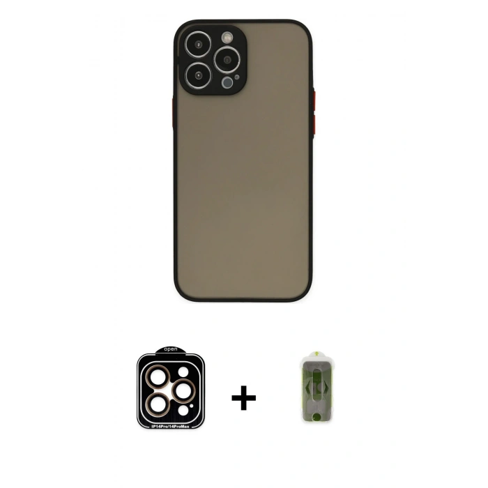 MARSİLYAN™- iPhone 14 Pro Max Kılıf Ahenk Çizgi Serisi - Siyah Joko Magic 5D Hayalet Cam + Turuncu PVD Metal Kamera Lens