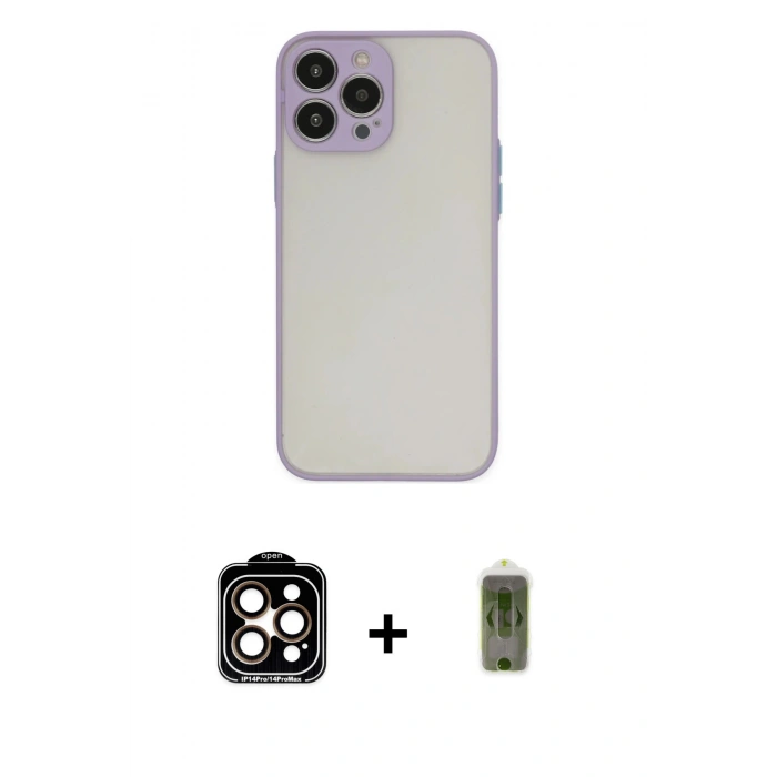 MARSİLYAN™- iPhone 14 Pro Max Kılıf Ahenk Çizgi Serisi - Siyah Joko Magic 5D Hayalet Cam + Turuncu PVD Metal Kamera Lens