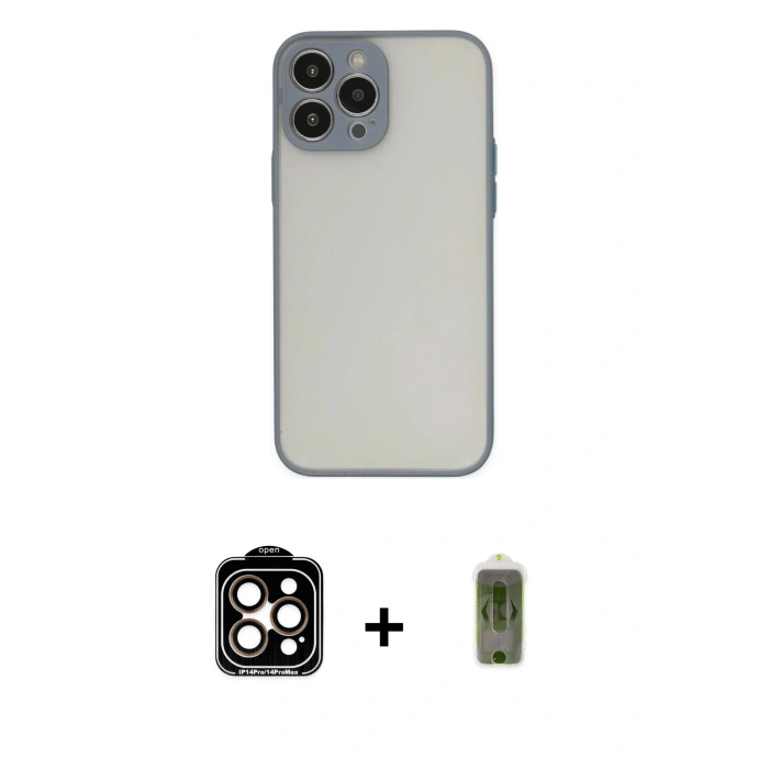 MARSİLYAN™- iPhone 14 Pro Max Kılıf Ahenk Çizgi Serisi - Siyah Joko Magic 5D Hayalet Cam + Turuncu PVD Metal Kamera Lens