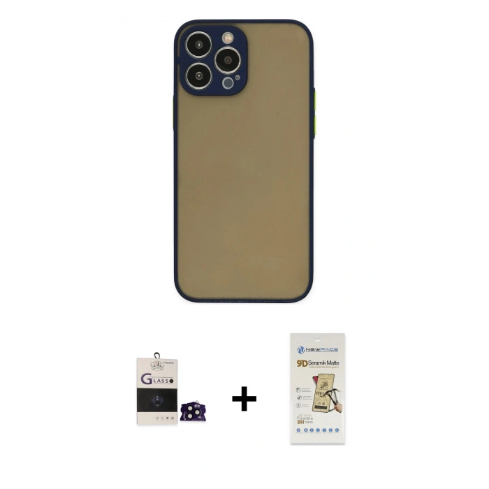 MARSİLYAN™- iPhone 14 Pro Max Kılıf Ahenk Çizgi Serisi - Siyah Mat Seramik Nano Ekran Koruyucu + Bilvis Titan Kamera Lens - SH