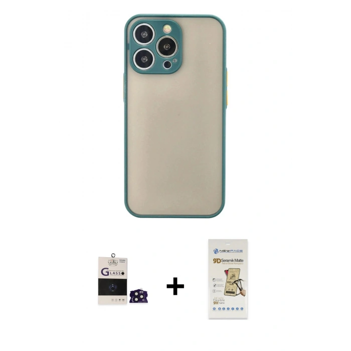 MARSİLYAN™- iPhone 14 Pro Max Kılıf Ahenk Çizgi Serisi - Siyah Mat Seramik Nano Ekran Koruyucu + Derin Mor Bilvis Titan Kamera Lens