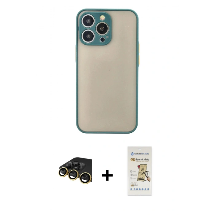 MARSİLYAN™- iPhone 14 Pro Max Kılıf Ahenk Çizgi Serisi - Siyah Mat Seramik Nano Ekran Koruyucu + Raze Metal Kamera Lens - GD