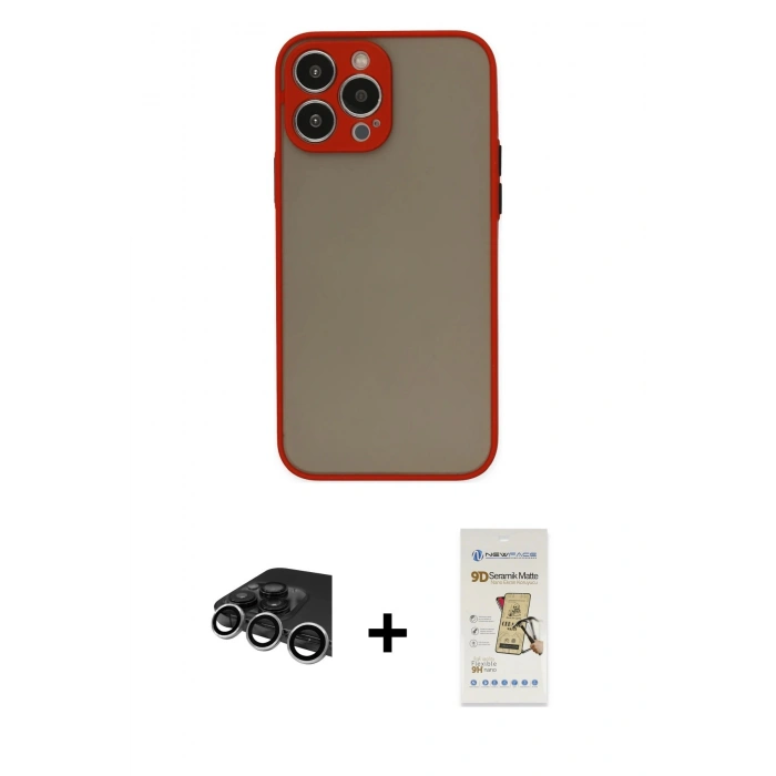 MARSİLYAN™- iPhone 14 Pro Max Kılıf Ahenk Çizgi Serisi - Siyah Mat Seramik Nano Ekran Koruyucu + Raze Metal Kamera Lens - GS