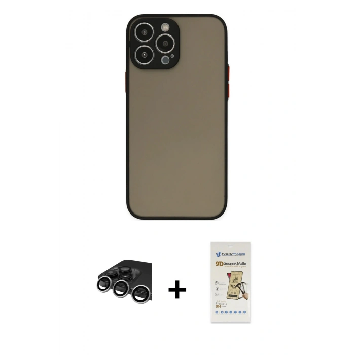MARSİLYAN™- iPhone 14 Pro Max Kılıf Ahenk Çizgi Serisi - Siyah Mat Seramik Nano Ekran Koruyucu + Raze Metal Kamera Lens - GS