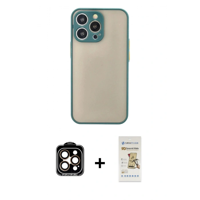 MARSİLYAN™- iPhone 14 Pro Max Kılıf Ahenk Çizgi Serisi - Siyah Mat Seramik Nano Ekran Koruyucu + PVD Metal Kamera Lens - TU