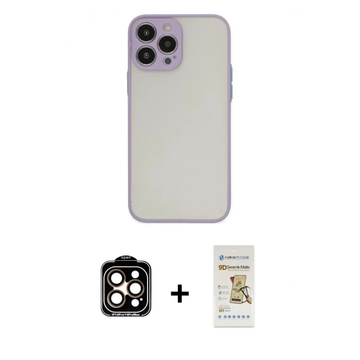 MARSİLYAN™- iPhone 14 Pro Max Kılıf Ahenk Çizgi Serisi - Siyah Mat Seramik Nano Ekran Koruyucu + PVD Metal Kamera Lens - TU