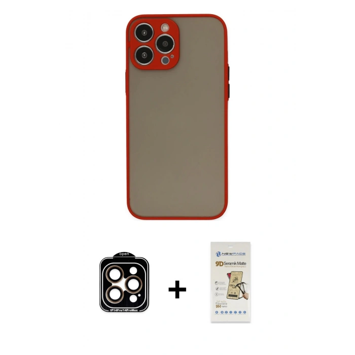 MARSİLYAN™- iPhone 14 Pro Max Kılıf Ahenk Çizgi Serisi - Siyah Mat Seramik Nano Ekran Koruyucu + PVD Metal Kamera Lens - TU