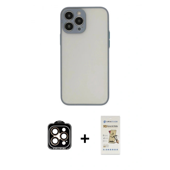 MARSİLYAN™- iPhone 14 Pro Max Kılıf Ahenk Çizgi Serisi - Siyah Mat Seramik Nano Ekran Koruyucu + PVD Metal Kamera Lens - TU