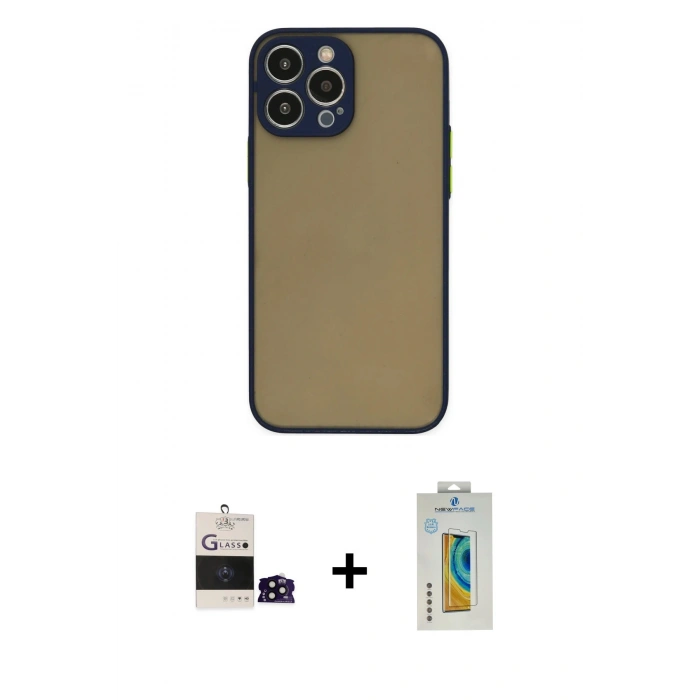 MARSİLYAN™- iPhone 14 Pro Max Kılıf Ahenk Çizgi Serisi - Siyah Polymer Nano Ekran Koruyucu + Bilvis Titan Kamera Lens - SH
