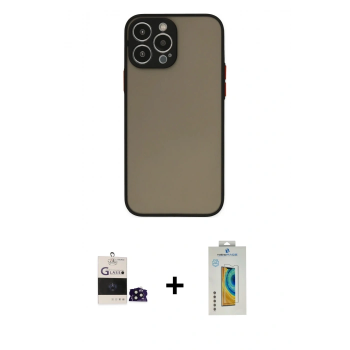 MARSİLYAN™- iPhone 14 Pro Max Kılıf Ahenk Çizgi Serisi - Siyah Polymer Nano Ekran Koruyucu + Bilvis Titan Kamera Lens - SH