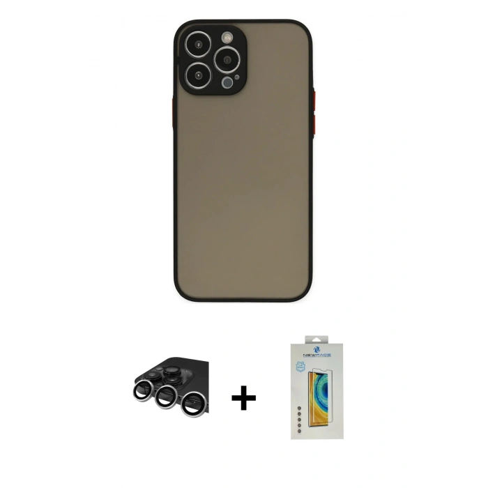 MARSİLYAN™- iPhone 14 Pro Max Kılıf Ahenk Çizgi Serisi - Siyah Polymer Nano Ekran Koruyucu + Raze Metal Kamera Lens - GS