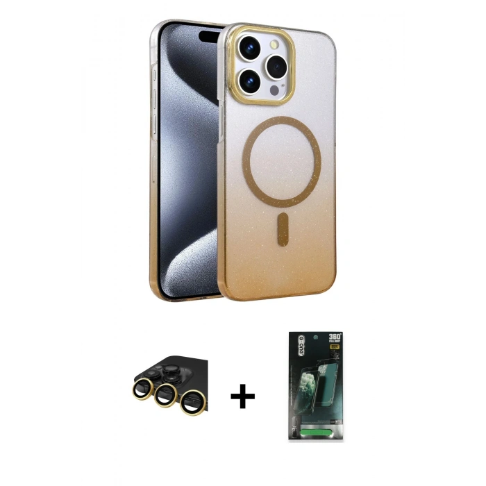 MARSİLYAN™- iPhone 14 Pro Max Kılıf Ahenk Doku Özel Seri - Şeffaf 360 Full Body Arka Koruyucu + Gold Raze Metal Kamera Lens