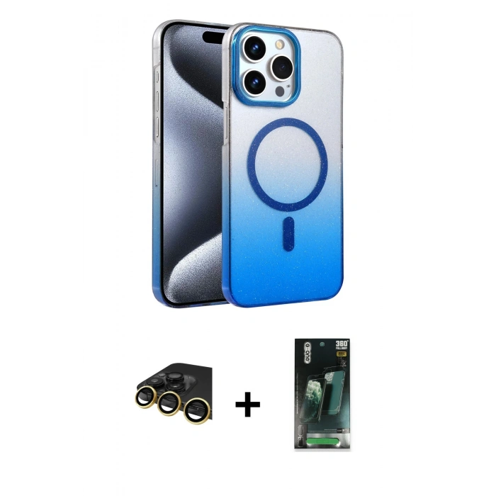MARSİLYAN™- iPhone 14 Pro Max Kılıf Ahenk Doku Özel Seri - Şeffaf 360 Full Body Arka Koruyucu + Gold Raze Metal Kamera Lens