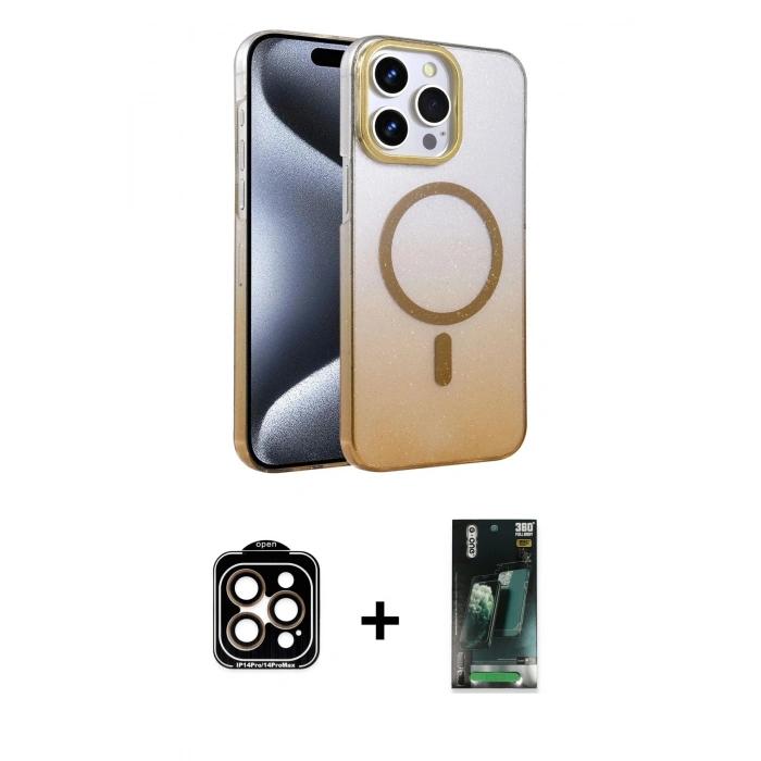 MARSİLYAN™- iPhone 14 Pro Max Kılıf Ahenk Doku Özel Seri - Şeffaf 360 Full Body Arka Koruyucu + PVD Metal Kamera Lens - TU