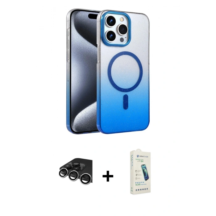 MARSİLYAN™- iPhone 14 Pro Max Kılıf Ahenk Doku Özel Seri - Şeffaf Pasifik Cam Ekran Koruyucu + Gümüş Raze Metal Kamera Lens