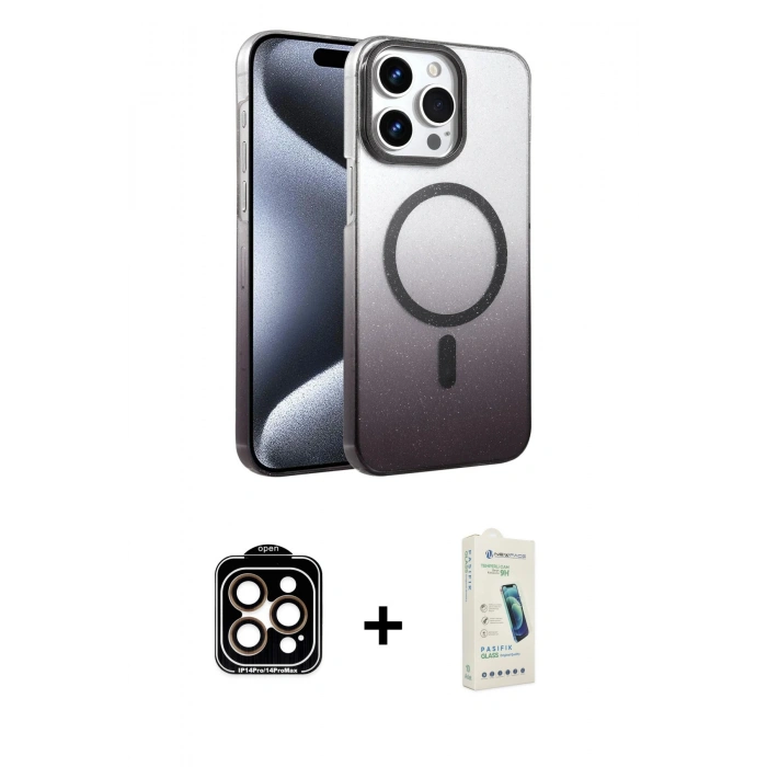 MARSİLYAN™- iPhone 14 Pro Max Kılıf Ahenk Doku Özel Seri - Şeffaf Pasifik Cam Ekran Koruyucu + PVD Metal Kamera Lens - TU