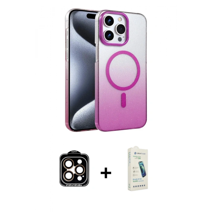 MARSİLYAN™- iPhone 14 Pro Max Kılıf Ahenk Doku Özel Seri - Şeffaf Pasifik Cam Ekran Koruyucu + PVD Metal Kamera Lens - TU
