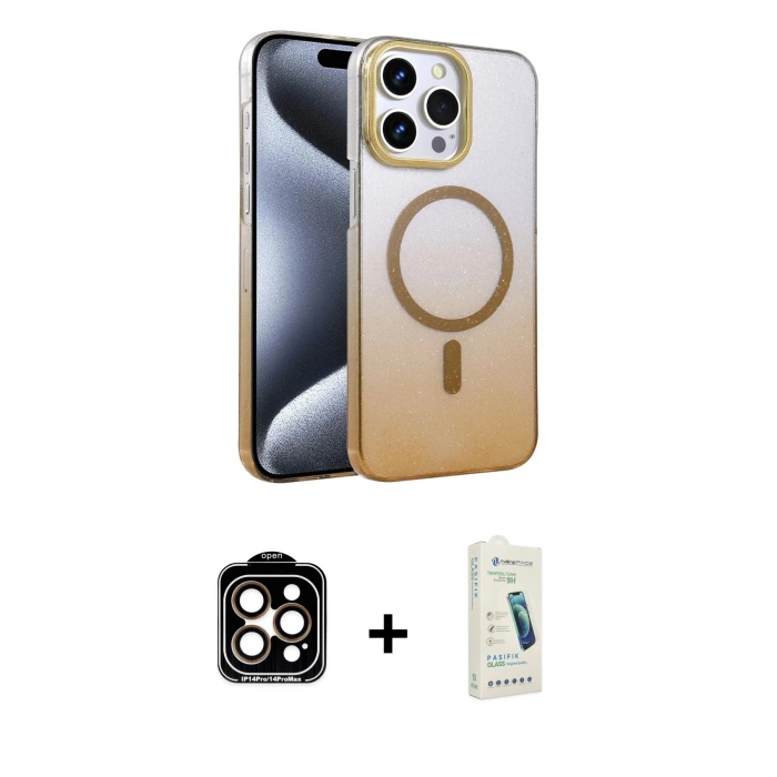 MARSİLYAN™- iPhone 14 Pro Max Kılıf Ahenk Doku Özel Seri - Şeffaf Pasifik Cam Ekran Koruyucu + PVD Metal Kamera Lens - TU
