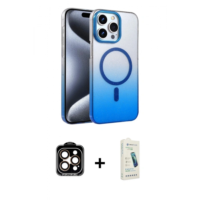 MARSİLYAN™- iPhone 14 Pro Max Kılıf Ahenk Doku Özel Seri - Şeffaf Pasifik Cam Ekran Koruyucu + PVD Metal Kamera Lens - TU