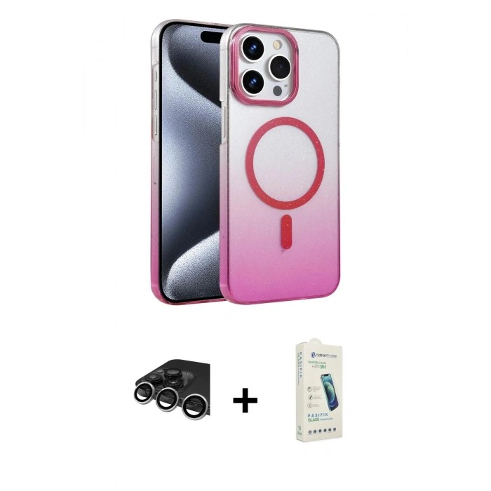 MARSİLYAN™- iPhone 14 Pro Max Kılıf Ahenk Doku Özel Seri - Şeffaf Pasifik Cam Ekran Koruyucu + Raze Metal Kamera Lens - GS