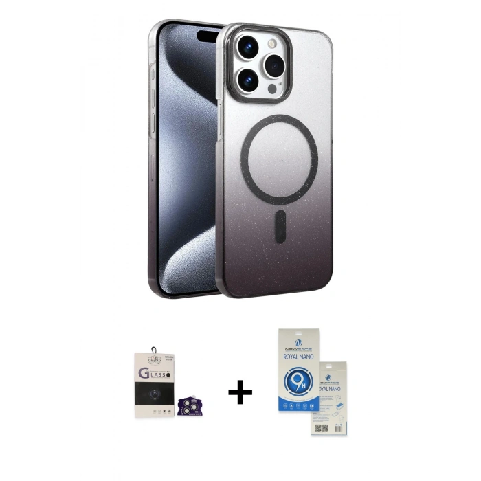 MARSİLYAN™- iPhone 14 Pro Max Kılıf Ahenk Doku Özel Seri - Şeffaf Royal Nano Ekran Koruyucu + Bilvis Titan Kamera Lens - GS