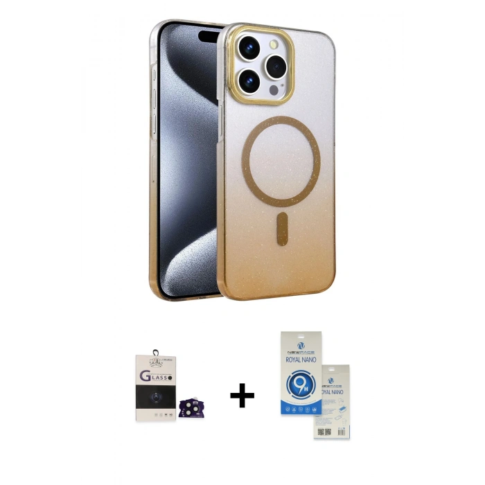 MARSİLYAN™- iPhone 14 Pro Max Kılıf Ahenk Doku Özel Seri - Şeffaf Royal Nano Ekran Koruyucu + Bilvis Titan Kamera Lens - SH