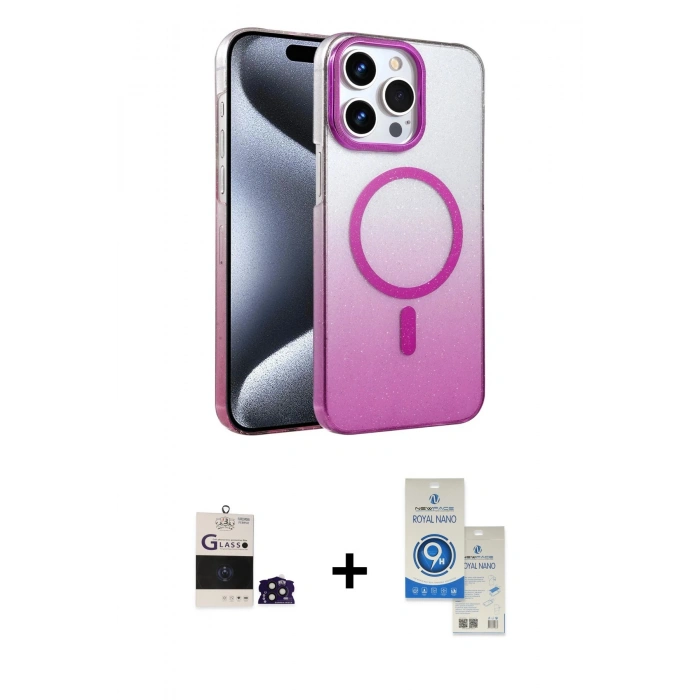 MARSİLYAN™- iPhone 14 Pro Max Kılıf Ahenk Doku Özel Seri - Şeffaf Royal Nano Ekran Koruyucu + Derin Mor Bilvis Titan Kamera Lens