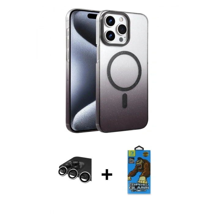 MARSİLYAN™- iPhone 14 Pro Max Kılıf Ahenk Doku Özel Seri - Siyah 18D Cam Ekran Koruyucu + Raze Metal Kamera Lens - GS