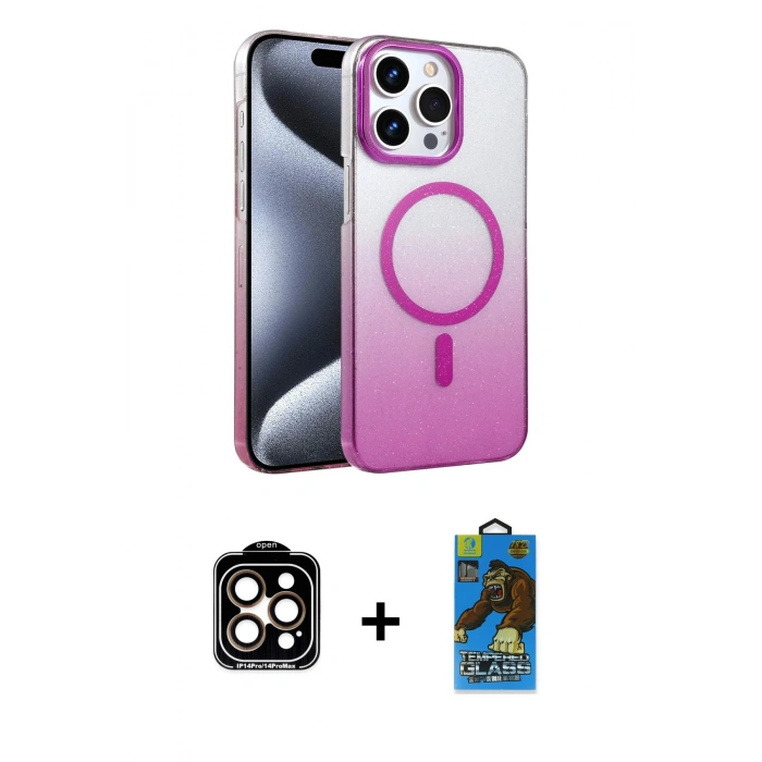 MARSİLYAN™- iPhone 14 Pro Max Kılıf Ahenk Doku Özel Seri - Siyah 18D Cam Ekran Koruyucu + PVD Metal Kamera Lens - TU