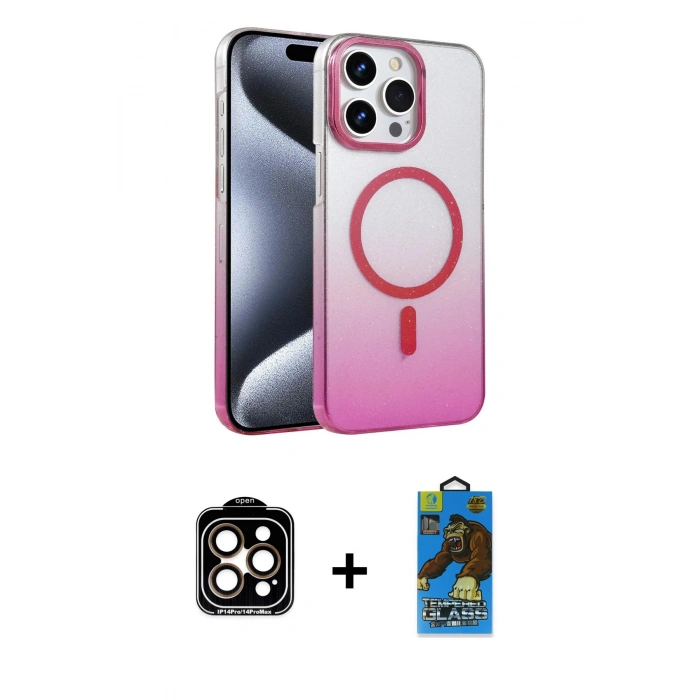 MARSİLYAN™- iPhone 14 Pro Max Kılıf Ahenk Doku Özel Seri - Siyah 18D Cam Ekran Koruyucu + PVD Metal Kamera Lens - TU