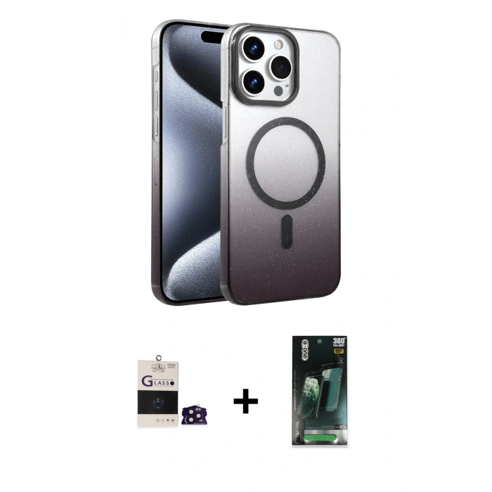MARSİLYAN™- iPhone 14 Pro Max Kılıf Ahenk Doku Özel Seri - Siyah 360 Mat Full Body Arka Koruyucu + Derin Mor Bilvis Titan Kamera Lens