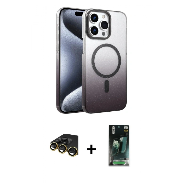 MARSİLYAN™- iPhone 14 Pro Max Kılıf Ahenk Doku Özel Seri - Siyah 360 Mat Full Body Arka Koruyucu + Raze Metal Kamera Lens - GD