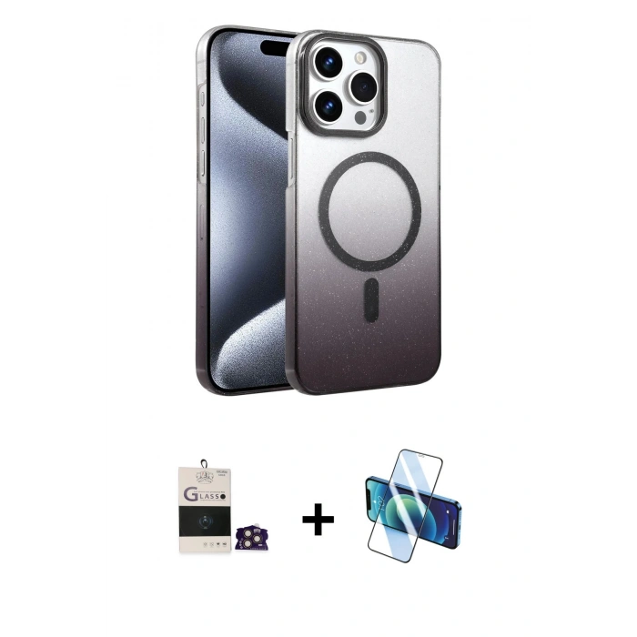 MARSİLYAN™- iPhone 14 Pro Max Kılıf Ahenk Doku Özel Seri - Siyah 3D Antistatik Cam Ekran Koruyucu + Bilvis Titan Kamera Lens - GD