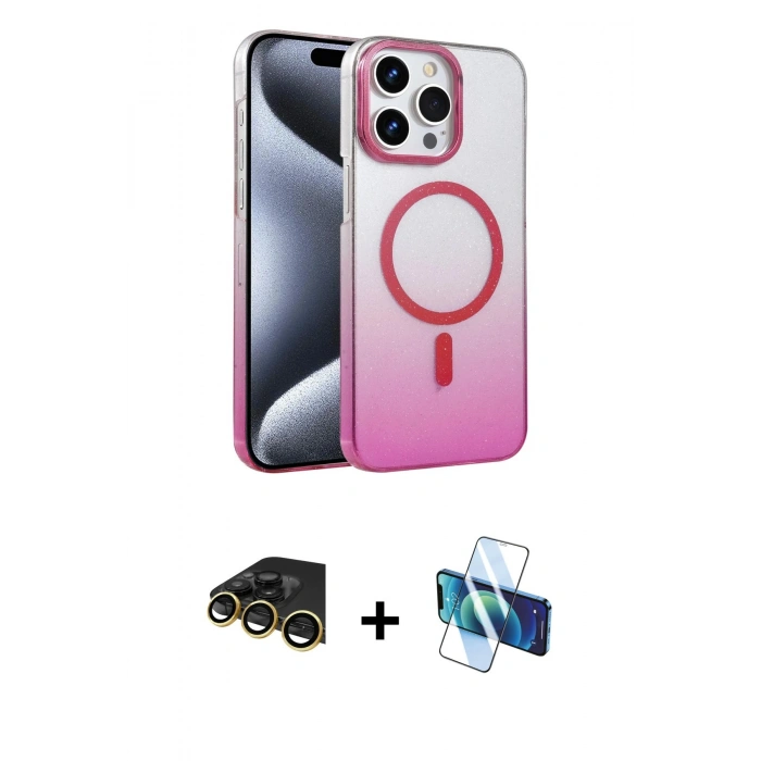 MARSİLYAN™- iPhone 14 Pro Max Kılıf Ahenk Doku Özel Seri - Siyah 3D Antistatik Cam Ekran Koruyucu + Gold Raze Metal Kamera Lens