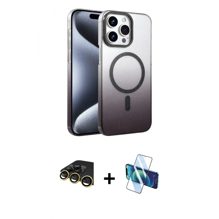 MARSİLYAN™- iPhone 14 Pro Max Kılıf Ahenk Doku Özel Seri - Siyah 3D Antistatik Cam Ekran Koruyucu + Gold Raze Metal Kamera Lens