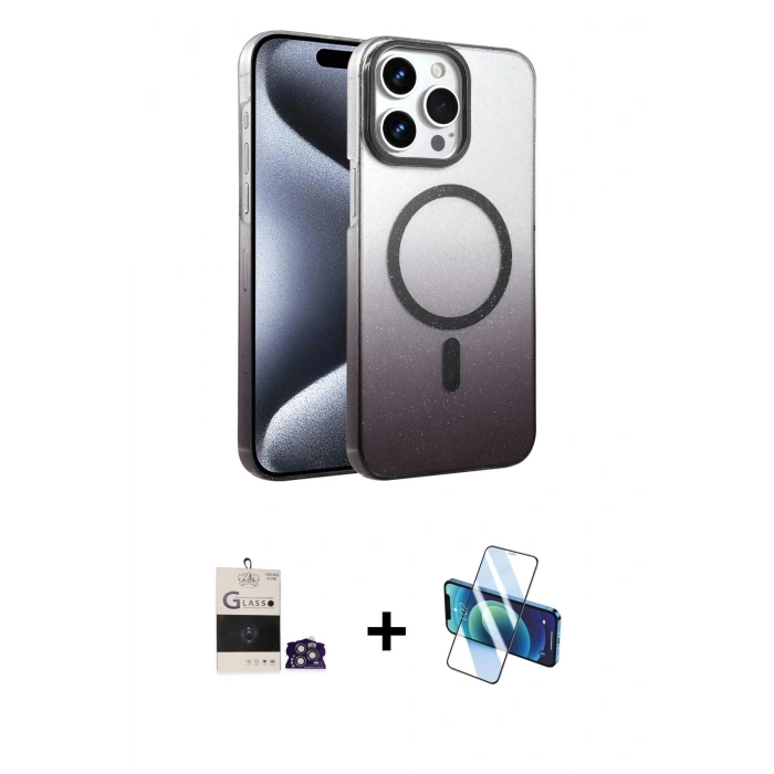 MARSİLYAN™- iPhone 14 Pro Max Kılıf Ahenk Doku Özel Seri - Siyah 3D Antistatik Cam Ekran Koruyucu + Gümüş Bilvis Titan Kamera Lens