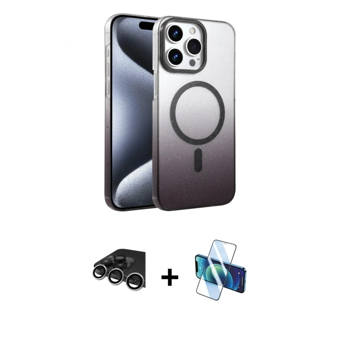 MARSİLYAN™- iPhone 14 Pro Max Kılıf Ahenk Doku Özel Seri - Siyah 3D Antistatik Cam Ekran Koruyucu + Gümüş Raze Metal Kamera Lens