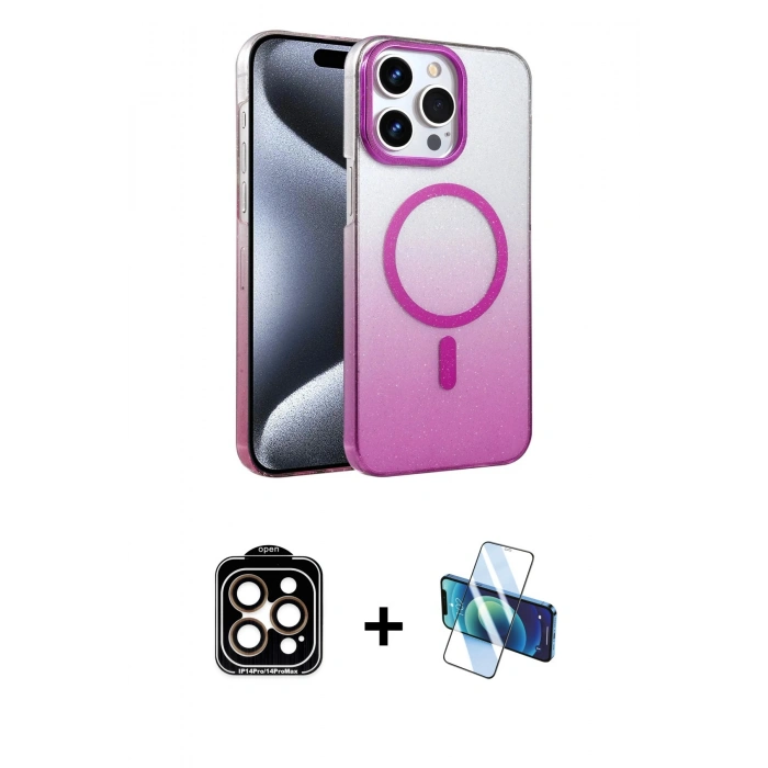 MARSİLYAN™- iPhone 14 Pro Max Kılıf Ahenk Doku Özel Seri - Siyah 3D Antistatik Cam Ekran Koruyucu + PVD Metal Kamera Lens - TU